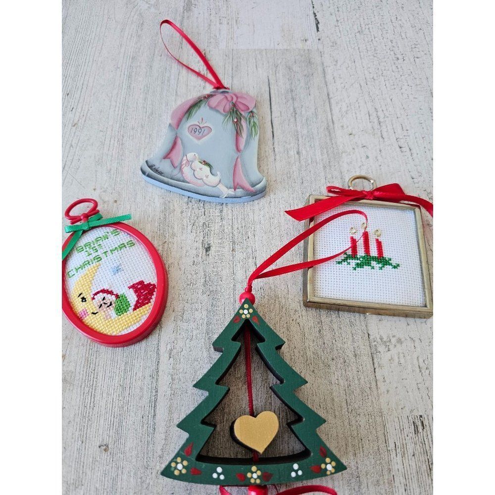 Vintage crocheted wooden bell treat ornament candle Xmas tree set